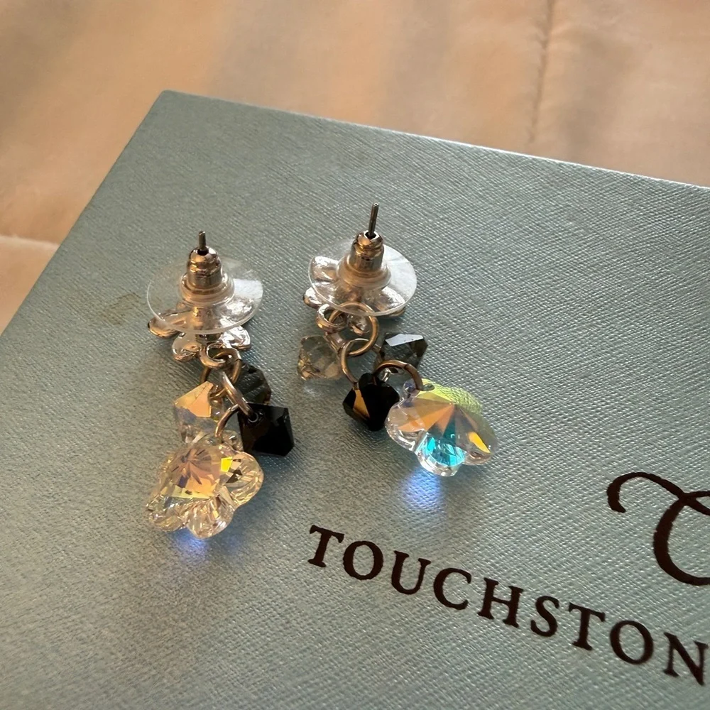 Touchstone Crystal Retired Silver Black and Crystal Floral Earrings